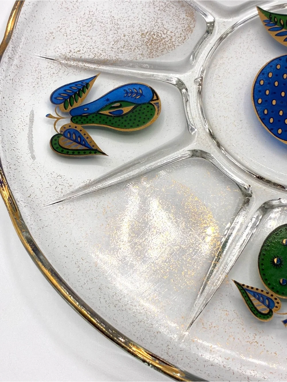 Vintage Georges Briard Divided Glass Serving Tray Gold Blue Green Fruit MCM